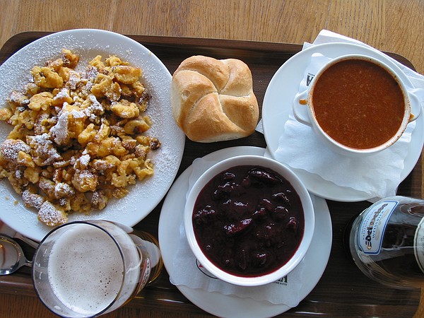Kaiserschwarrm - a delicous concoction of pancake, berry sauce and icing sugar